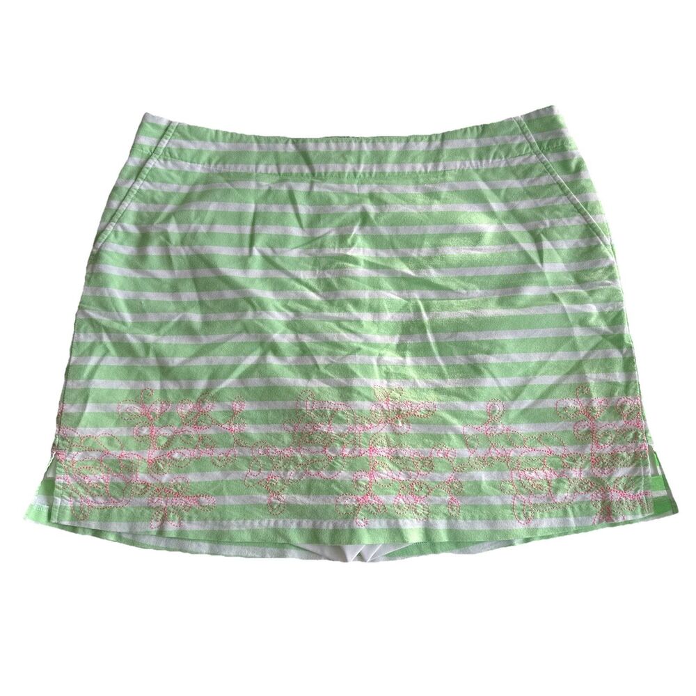 New Lady Hagen Golf Skort Women's 12 Green WHite Striped Skirt Pink Embroidered
